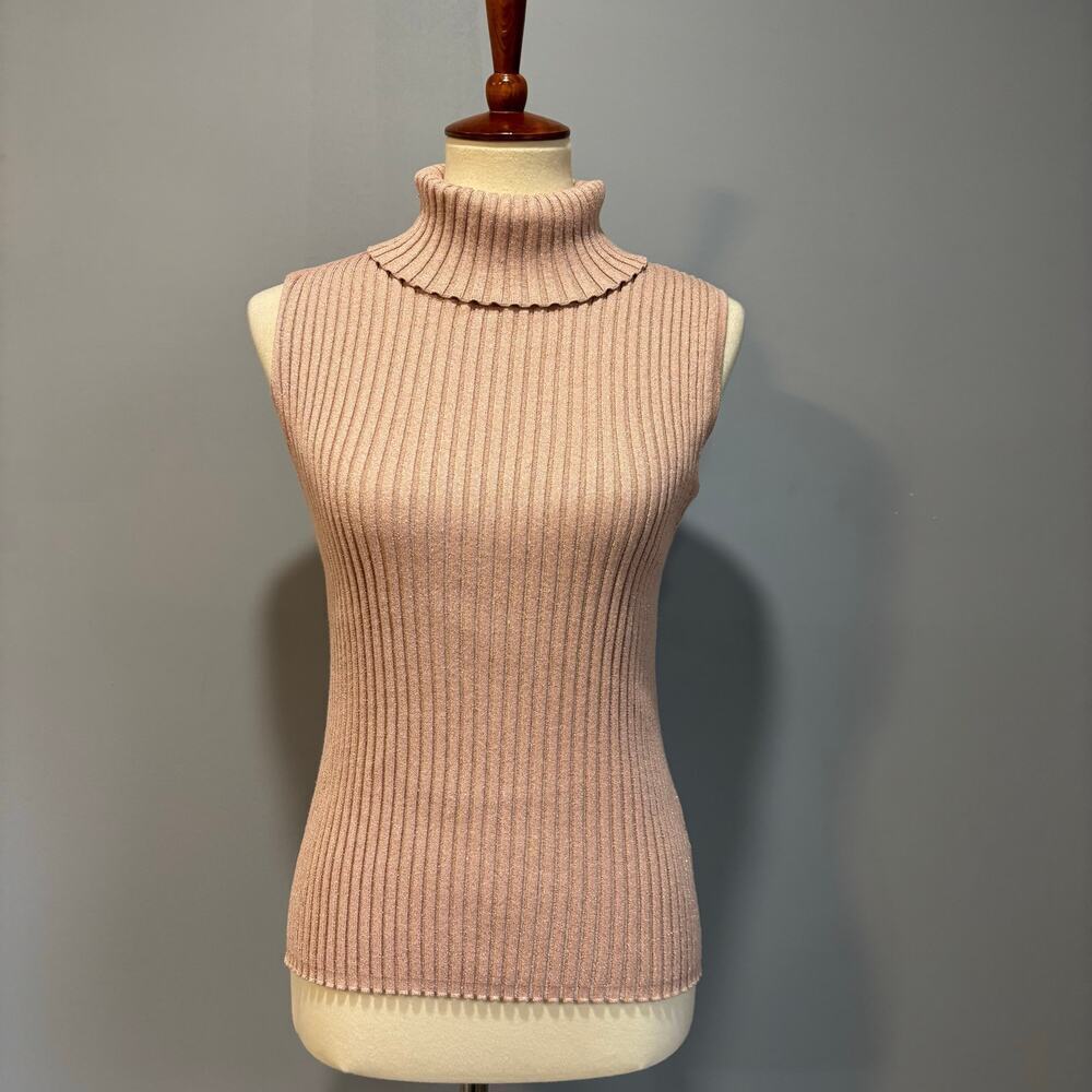 VTG Y2K Sleeveless Ribbed Mock Neck Knit Top Shimmer Pink Mauve Fitted, Size XL